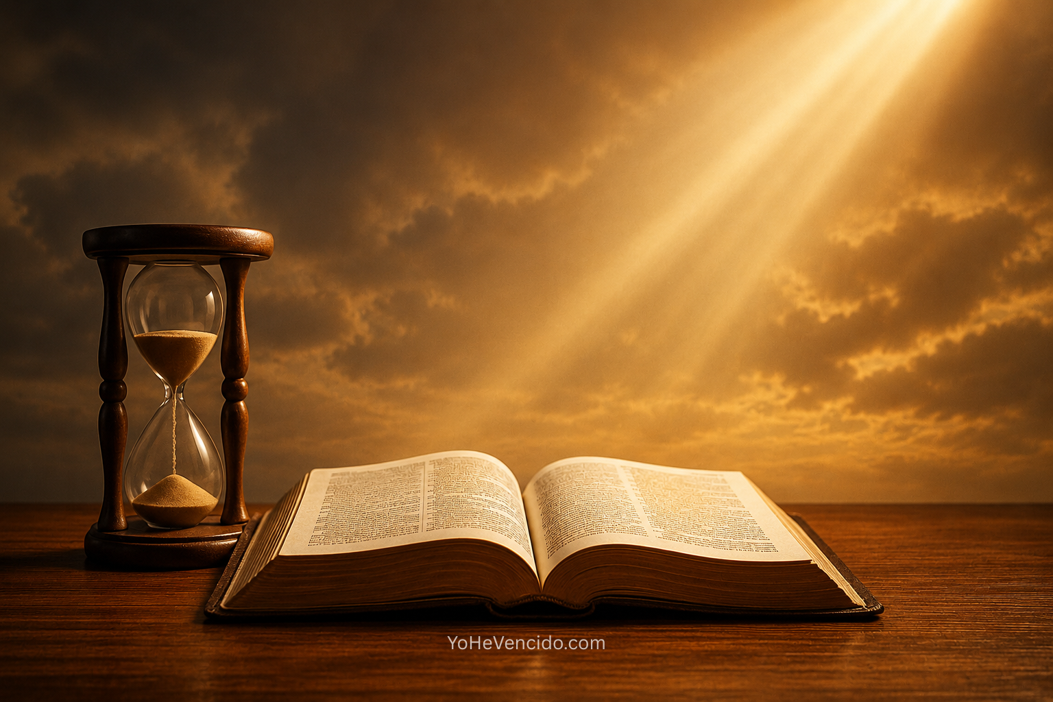 Biblia abierta iluminada con un rayo de luz y reloj de arena, simbolizando Apocalipsis 1:3