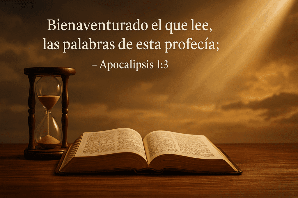 Biblia abierta iluminada, simbolizando bienaventurados Apocalipsis 1:3