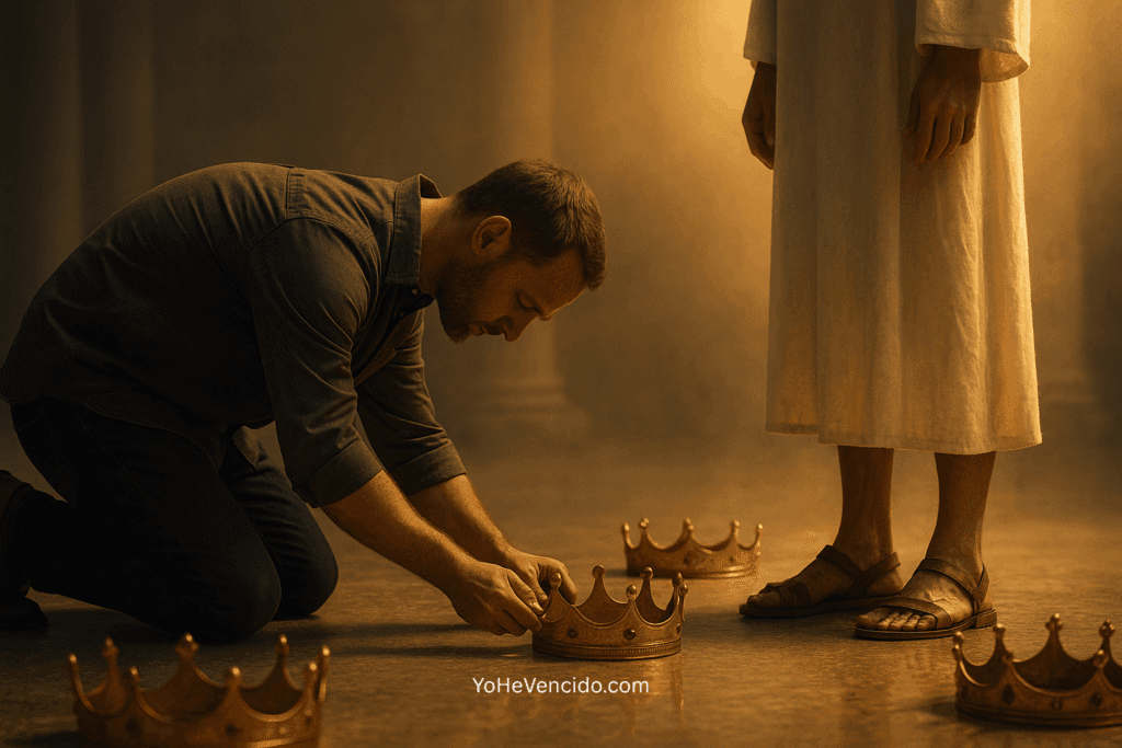 Imagen cristiana de un hombre entregando su corona a Cristo, representando humildad bíblica y la renuncia a los títulos espirituales.
