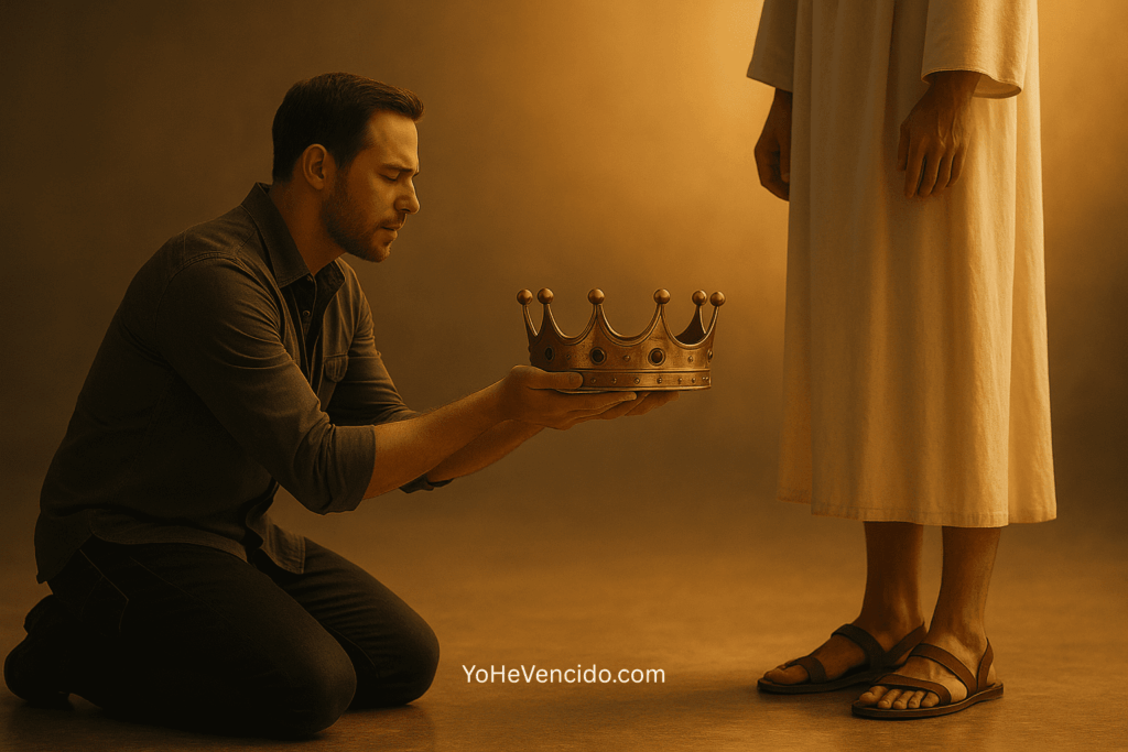 Hombre arrodillado entregando su corona a Cristo en señal de humildad y rendición total.