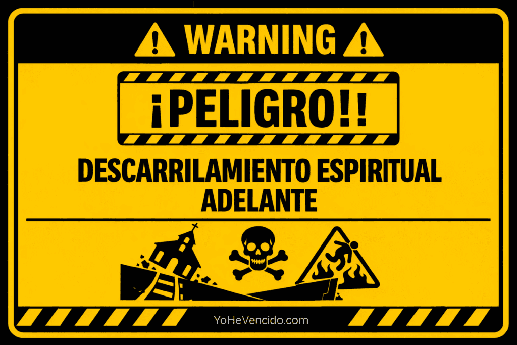 Señal de advertencia amarilla con el texto ‘PELIGRO: Descarrilamiento Espiritual Adelante’, alertando sobre la apostasía y el peligro espiritual en la iglesia.