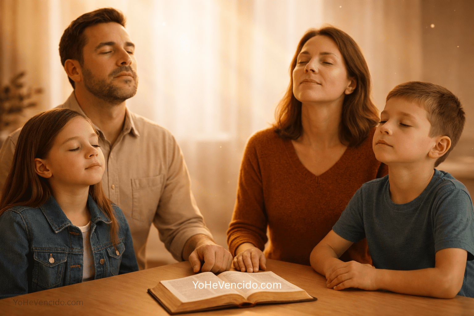 Familia cristiana orando con los ojos cerrados alrededor de una Biblia abierta, simbolizando un hogar edificado por Dios según Salmo 127.