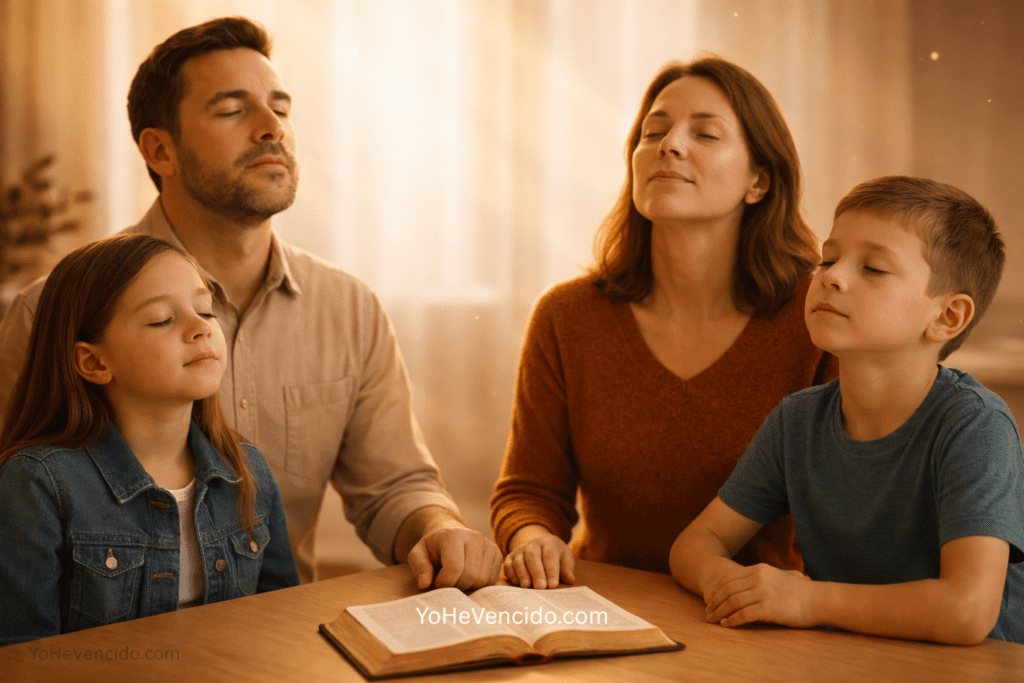 Familia cristiana orando con los ojos cerrados alrededor de una Biblia abierta, simbolizando un hogar edificado por Dios según Salmo 127.