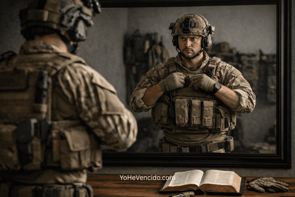 Soldado moderno ajustando su equipo frente a un espejo, con una Biblia abierta sobre la mesa, representando la preparación espiritual y ceñirse con la verdad según Efesios 6:14.