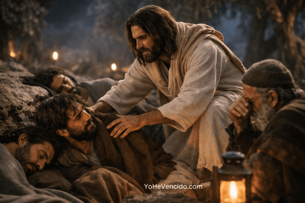 Jesucristo despertando a sus discípulos dormidos en Getsemaní, una escena realista que representa cómo la tristeza puede adormecer el alma y el llamado de Cristo a velar y orar.