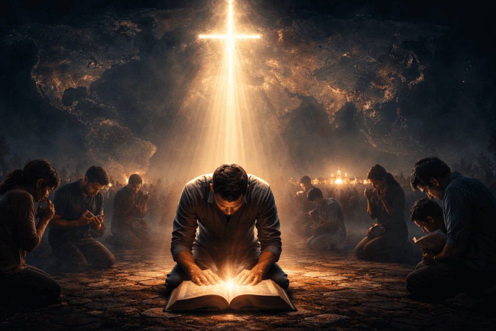 Cristianos orando bajo una cruz de luz mientras la Biblia ilumina el mundo, simbolizando el despertar espiritual ante las profecías de Mateo 24.