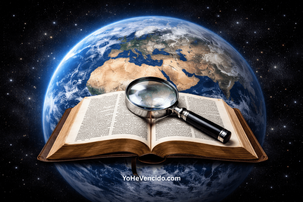 Tierra vista desde el espacio con una Biblia abierta y una lupa, representando el panorama completo de Dios revelado a través de las Escrituras.