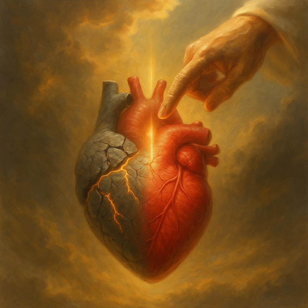 Ilustración de un corazón endurecido y quebrantado bajo la mano de Dios, representando la obstinación espiritual mencionada en Éxodo.