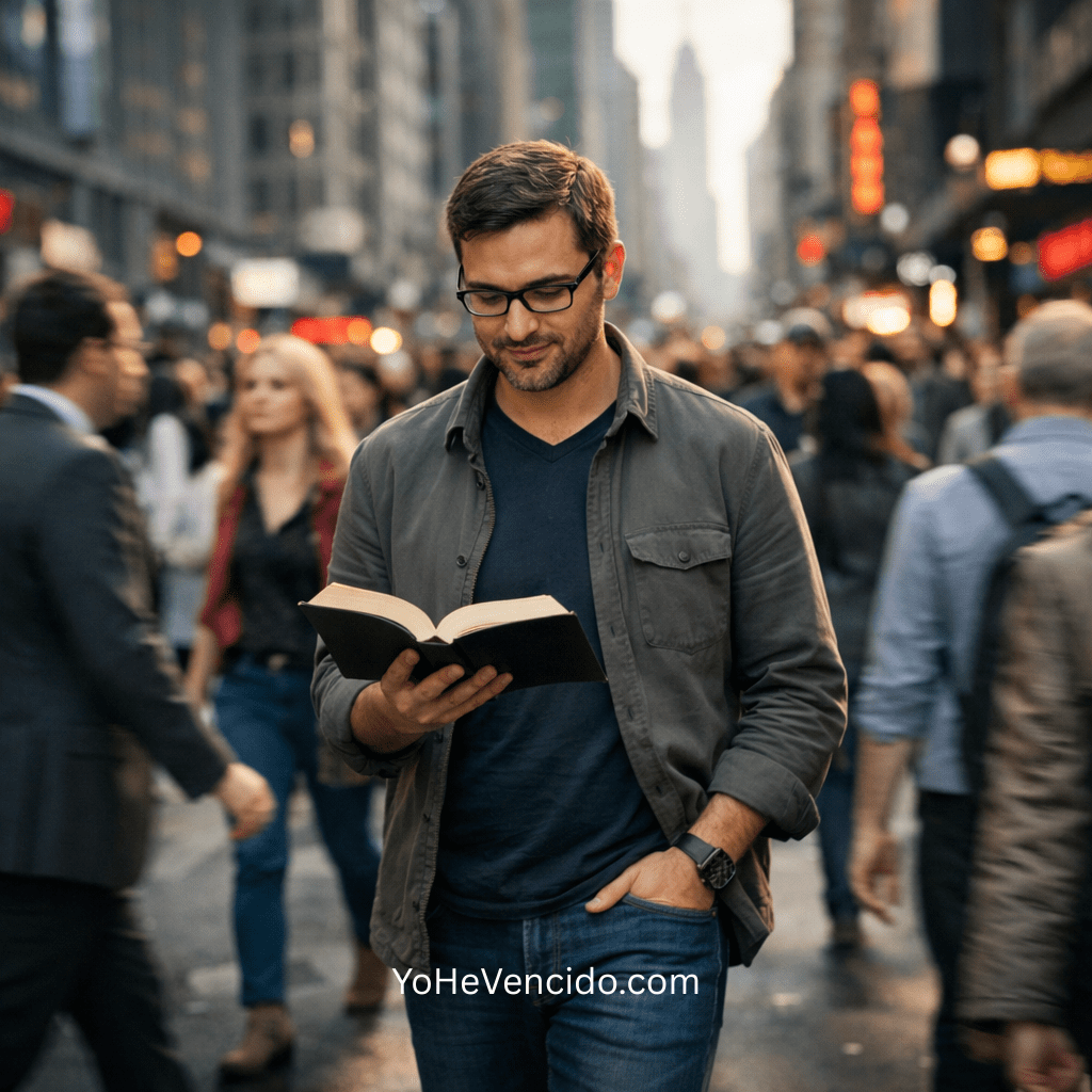 Hombre caminando en medio de una ciudad leyendo una Biblia abierta representando identidad en Cristo en la vida diaria