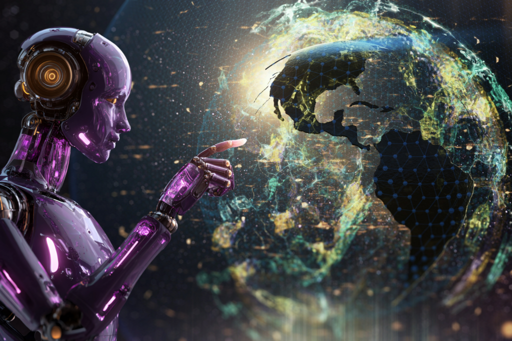 Representación cinematográfica de inteligencia artificial observando el planeta Tierra digitalizado, simbolizando el rápido avance de la AI, la dependencia tecnológica humana y el impacto global de sistemas inteligentes en la sociedad moderna.