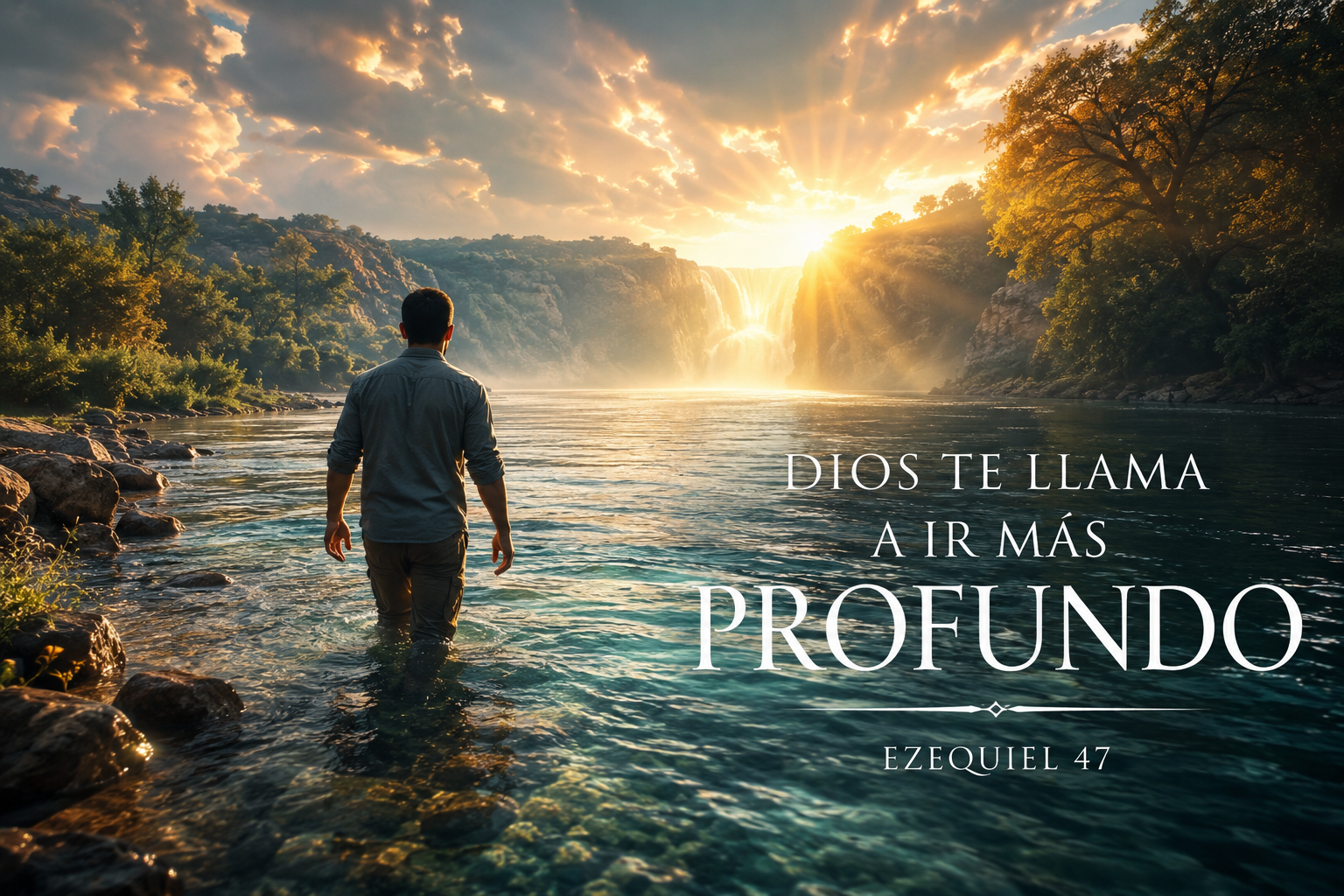 Creyente caminando hacia aguas profundas iluminadas por la gloria de Dios, representando el llamado divino a dejar una fe superficial y entrar en una relación más profunda con Cristo.