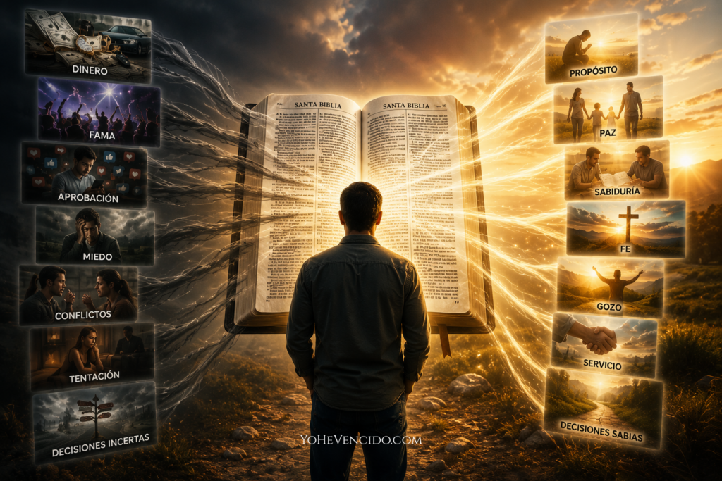 Ilustración de un creyente filtrando las decisiones de la vida mediante la Palabra de Dios, representando el equilibrio entre el ánimo, la astucia y el discernimiento espiritual según la Biblia.