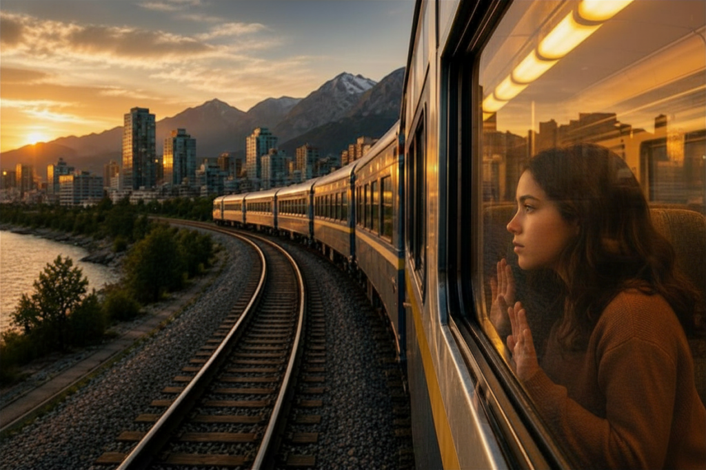 Mujer apoyada en la ventana de un tren en movimiento mirando el reflejo de su rostro mientras el tren toma una curva, simbolizando las etapas de la vida y el paso del tiempo