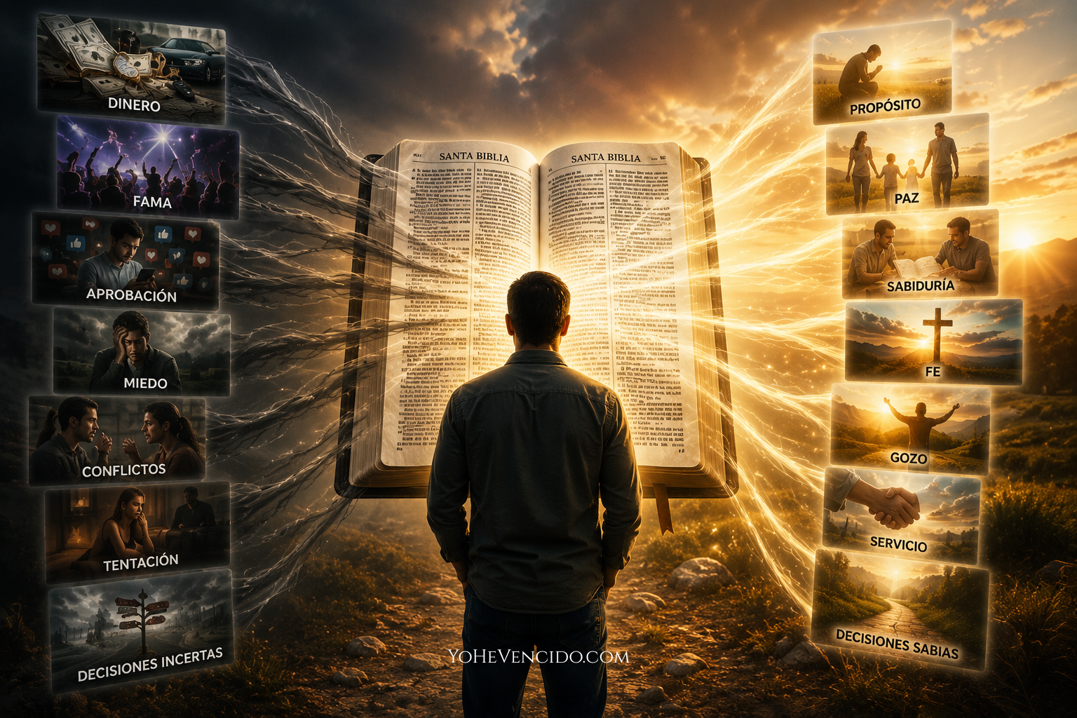 Ilustración de un creyente filtrando las decisiones de la vida mediante la Palabra de Dios, representando el equilibrio entre el ánimo, la astucia y el discernimiento espiritual según la Biblia.
