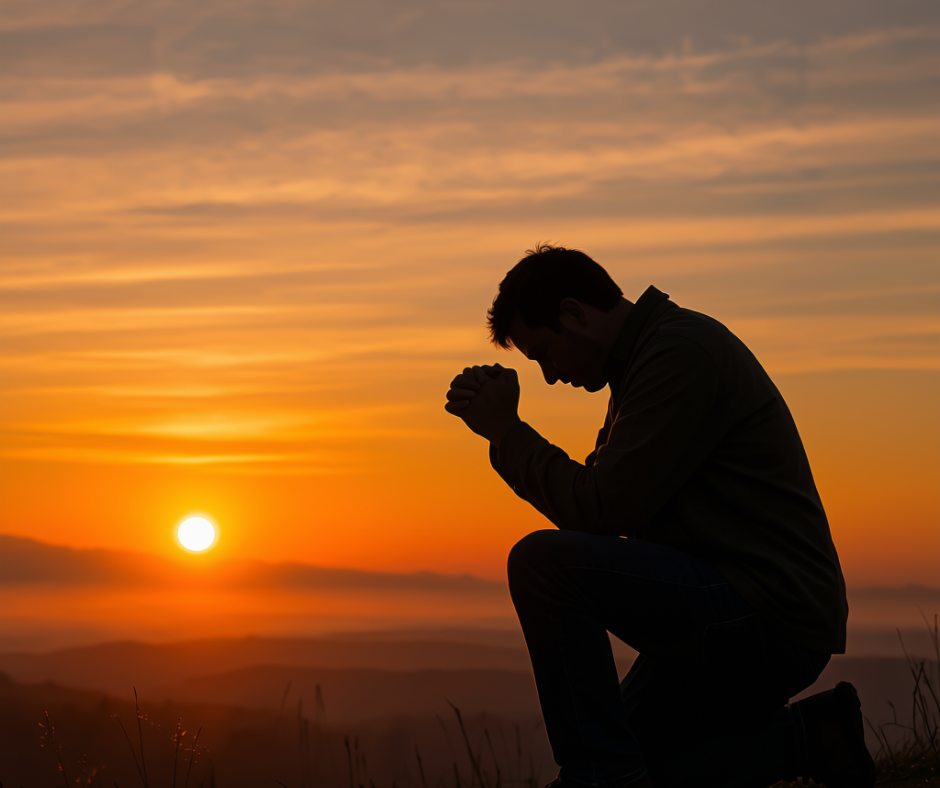 Hombre arrodillado en oración al amanecer buscando la presencia de Dios, símbolo de fe, esperanza y crecimiento espiritual en Cristo.