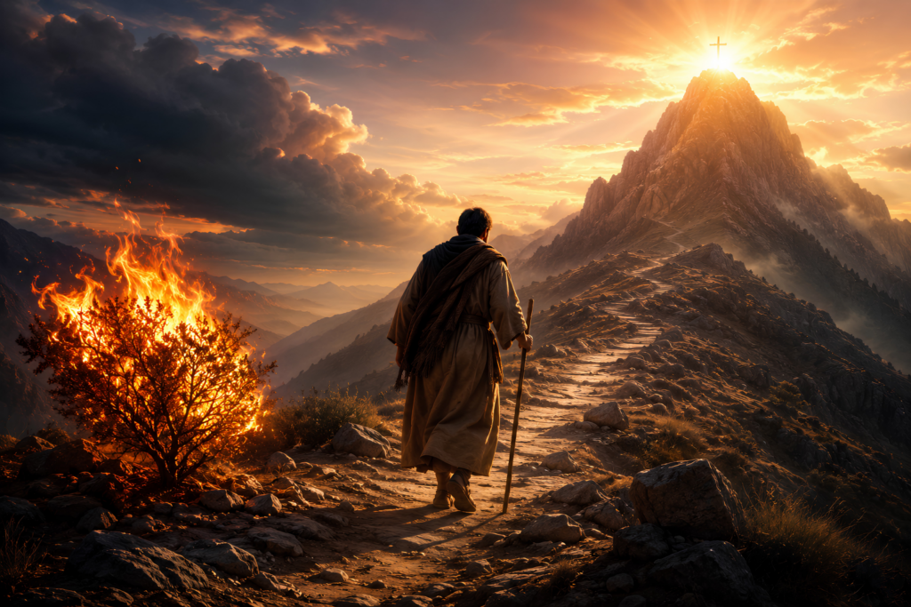 Un creyente caminando cuesta arriba hacia la cima de una montaña iluminada por la gloria de Dios, mientras una zarza ardiente simboliza el llamado del Señor.