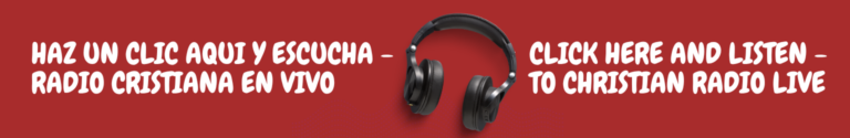 Banner bilingüe para escuchar radio cristiana en vivo con audífonos e invitación a acceder a transmisiones cristianas en español e inglés. Bilingual banner inviting visitors to listen to Christian radio live in Spanish and English.