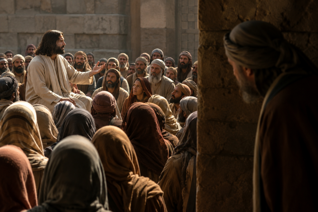 Jesús enseñando a una multitud mientras Nicodemo observa discretamente desde la distancia, representando la lucha entre seguir a Cristo y permanecer oculto.